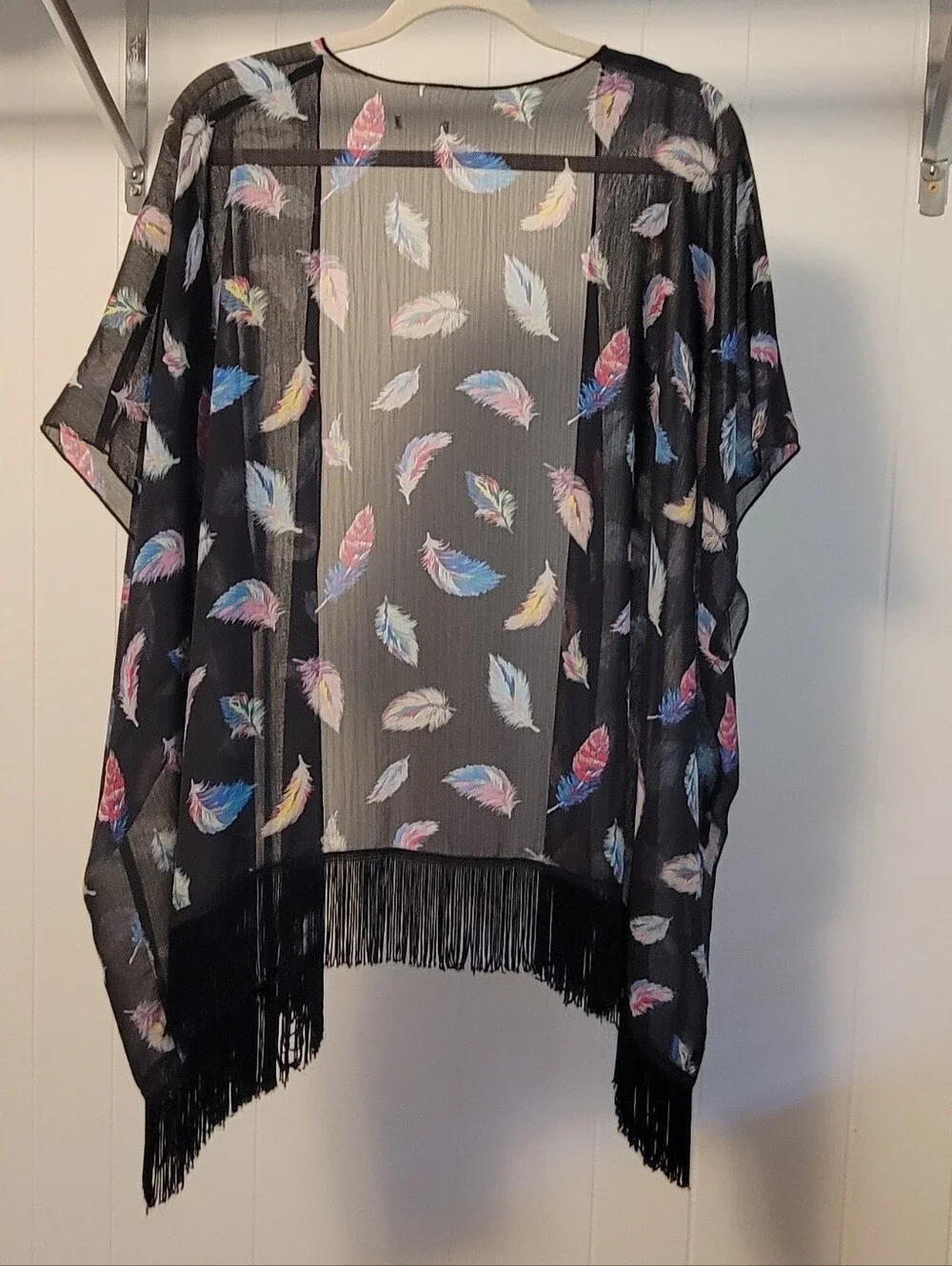 Vintage Black Semi Sheer Feather Pattern Kimono Shawl Fringe Duster Wrap . M